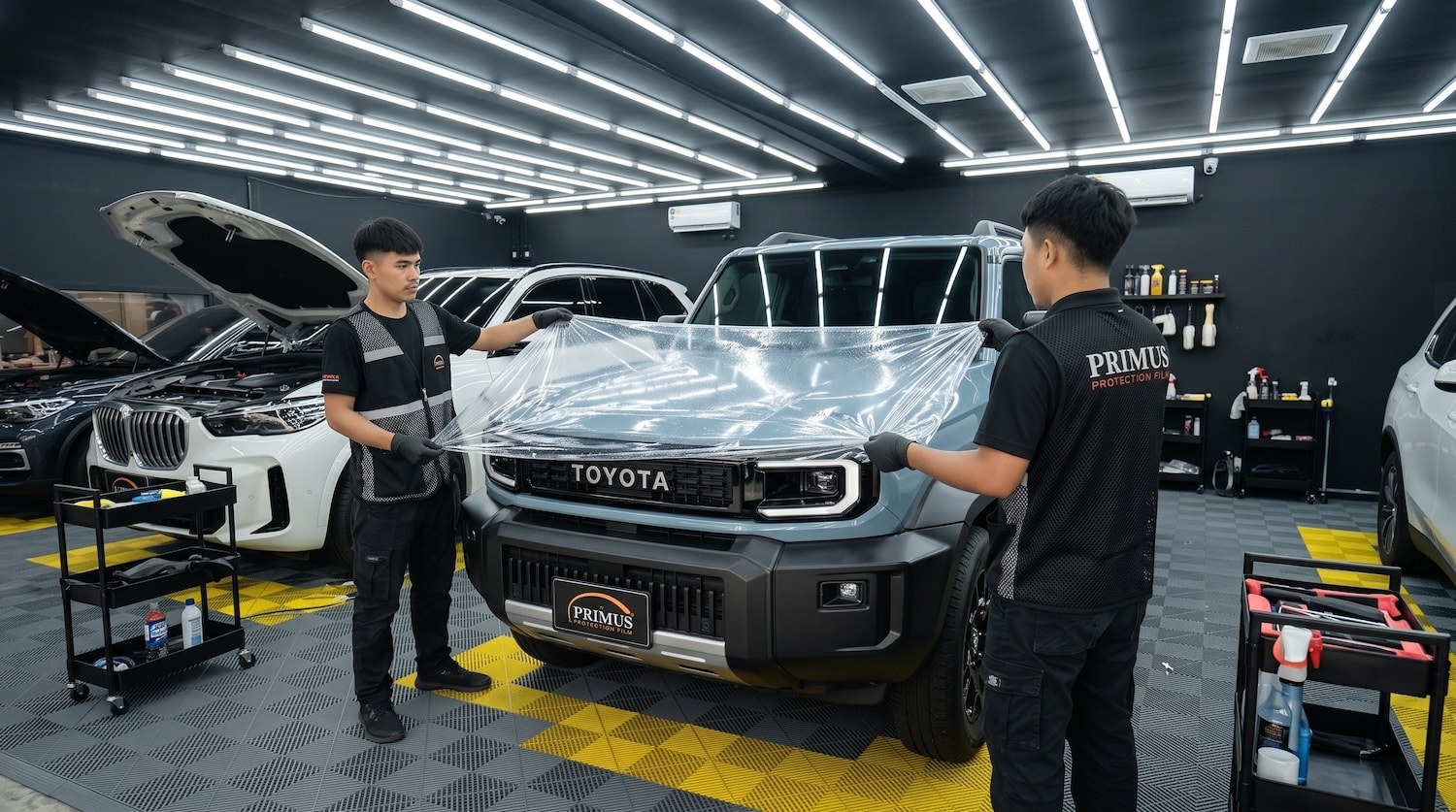ทีมช่างมืออาชีพติดตั้งฟิล์มกันรอย PPF Toyota Land Cruiser FJ ในห้องปลอดฝุ่น