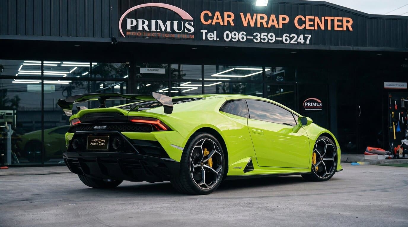 ฟิล์มกันรอย PPF Lamborghini Huracán EVO สีเขียว มุมมองด้านหลัง ที่ Primus Protection Film กรุงเทพ