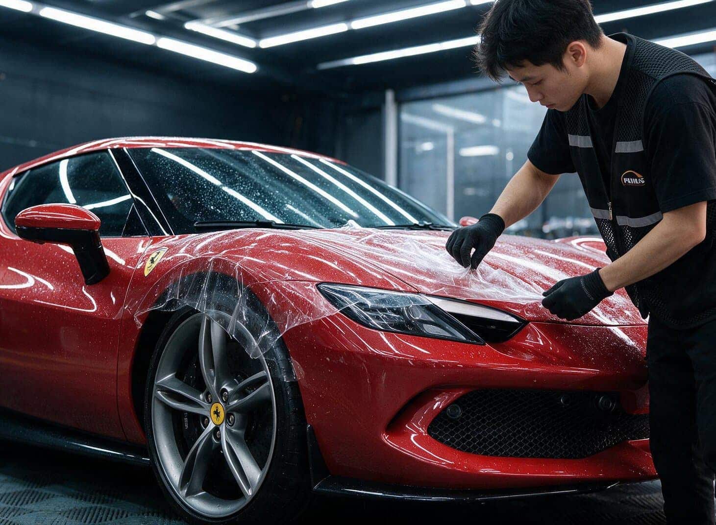 ขั้นตอนติดตั้งฟิล์มกันรอย PPF ตัวถัง Ferrari 296 GTB สีแดง โดยช่างมืออาชีพ Primus
