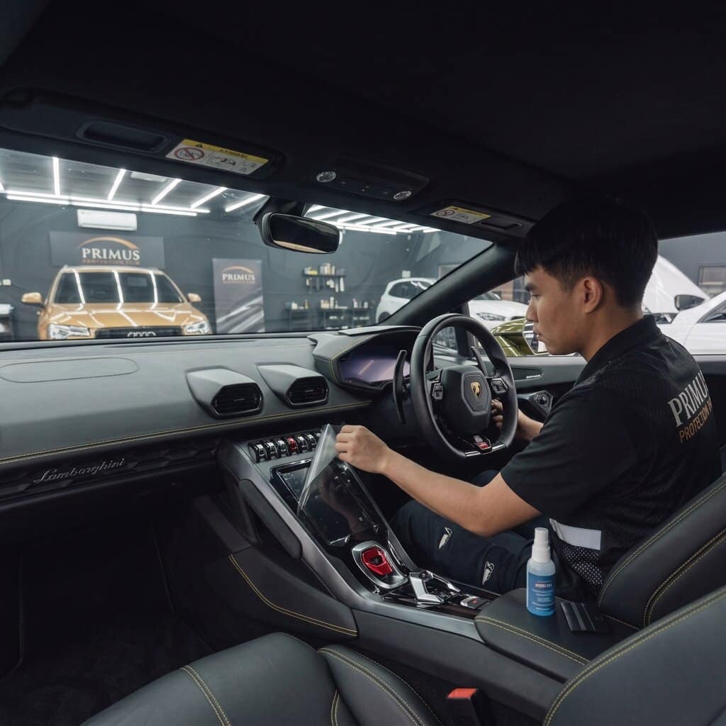 ฟิล์มใสกันรอยภายใน Lamborghini Huracán EVO ปกป้องคอนโซลและหน้าจอ โดย Primus